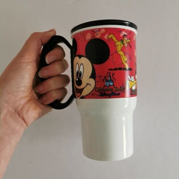 Disney Parks Celebrate Today Plastic Travel Mug Red Mickey Fab 5 Black Handle - Picture 3 of 8